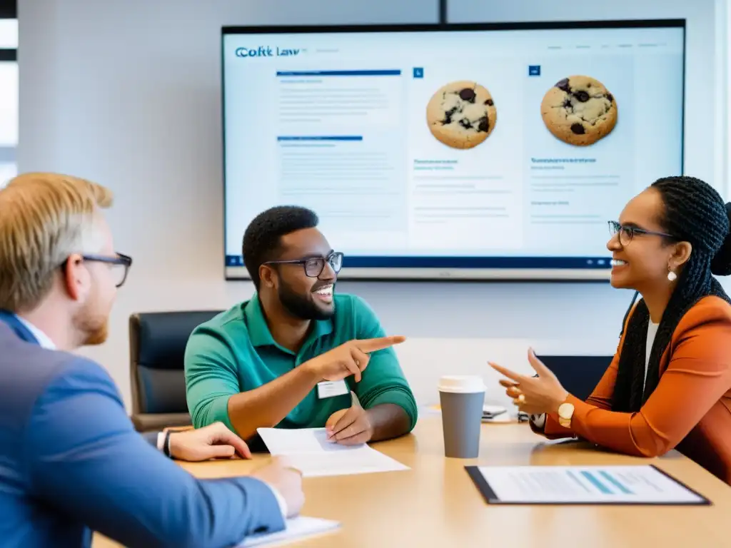 Grupo diverso de voluntarios y personal de ONGs discutiendo el impacto de la ley de cookies