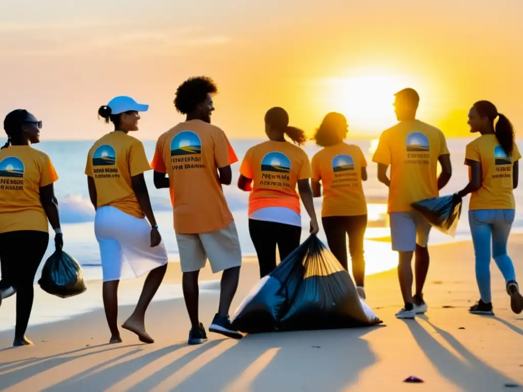 Grupo diverso de voluntarios limpiando una playa al atardecer, con camisetas de ONG reconocida