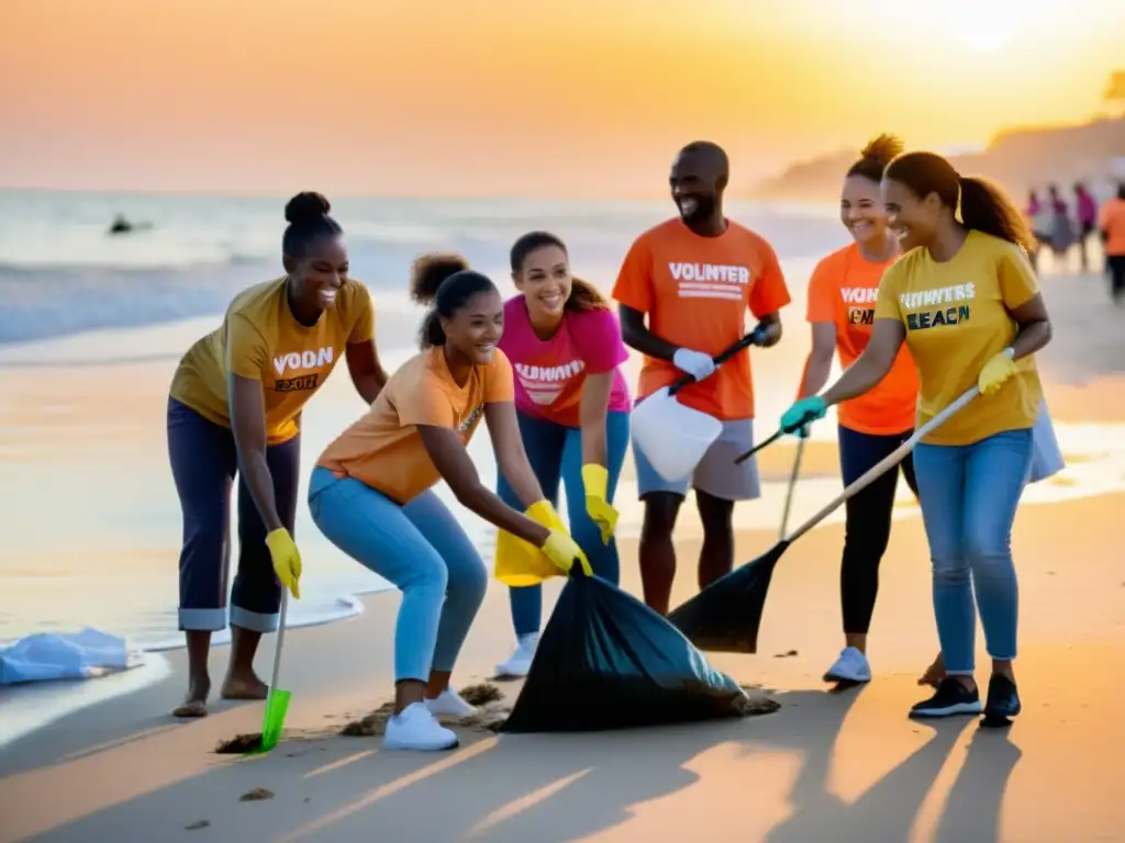 Grupo diverso de voluntarios limpiando la playa al atardecer, unidos por plataformas voluntariado online ONG