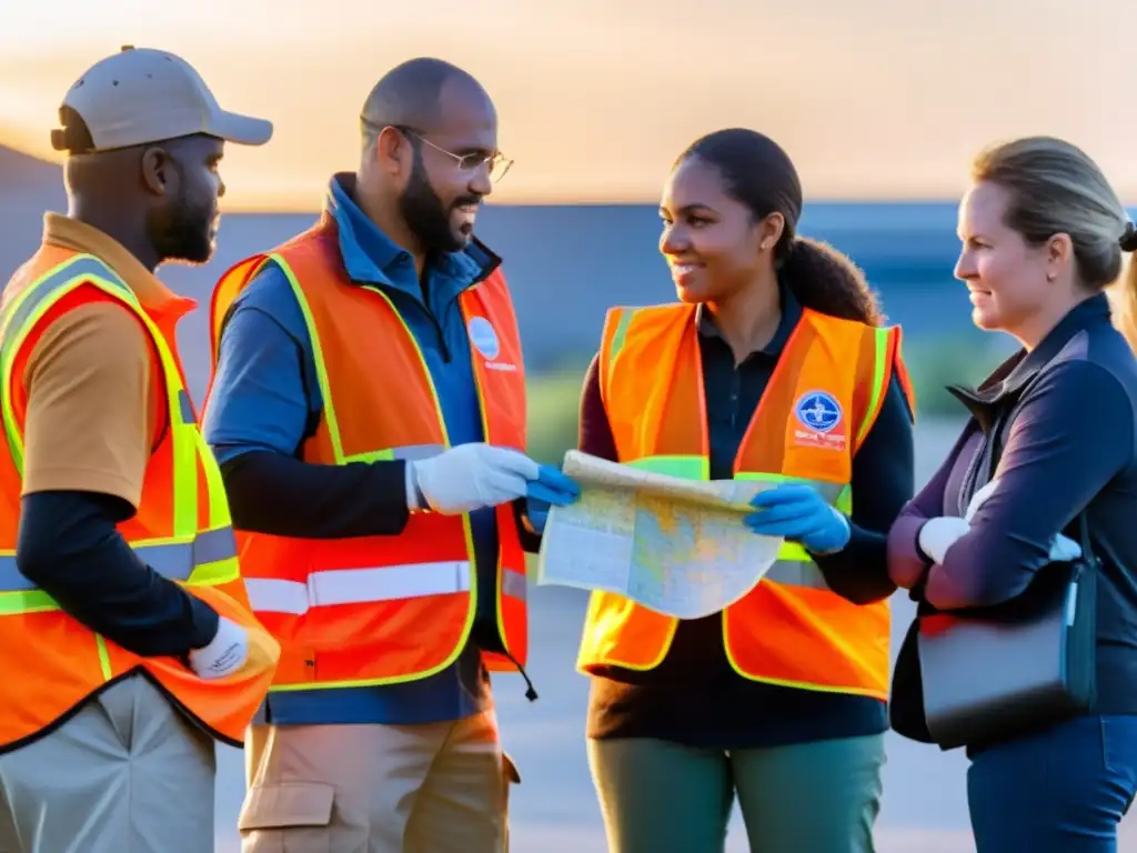 Un grupo diverso de voluntarios discute procedimientos de emergencia al atardecer, sosteniendo un mapa comunitario