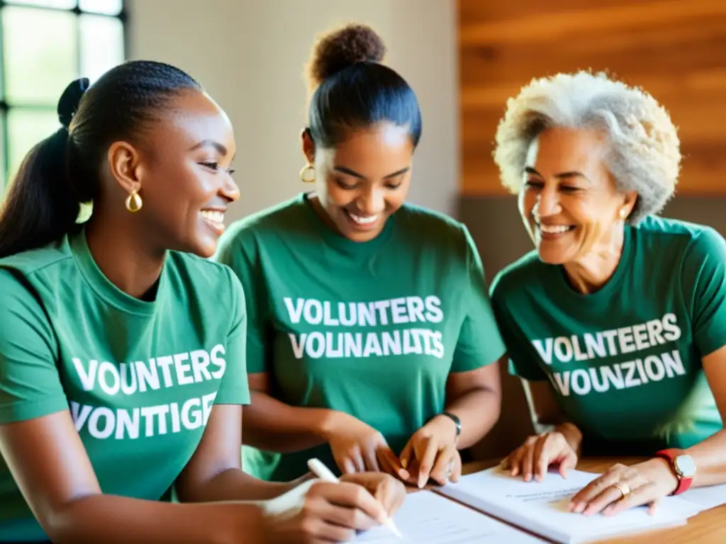 Un grupo diverso de voluntarios colabora en un proyecto, con expresiones enfocadas