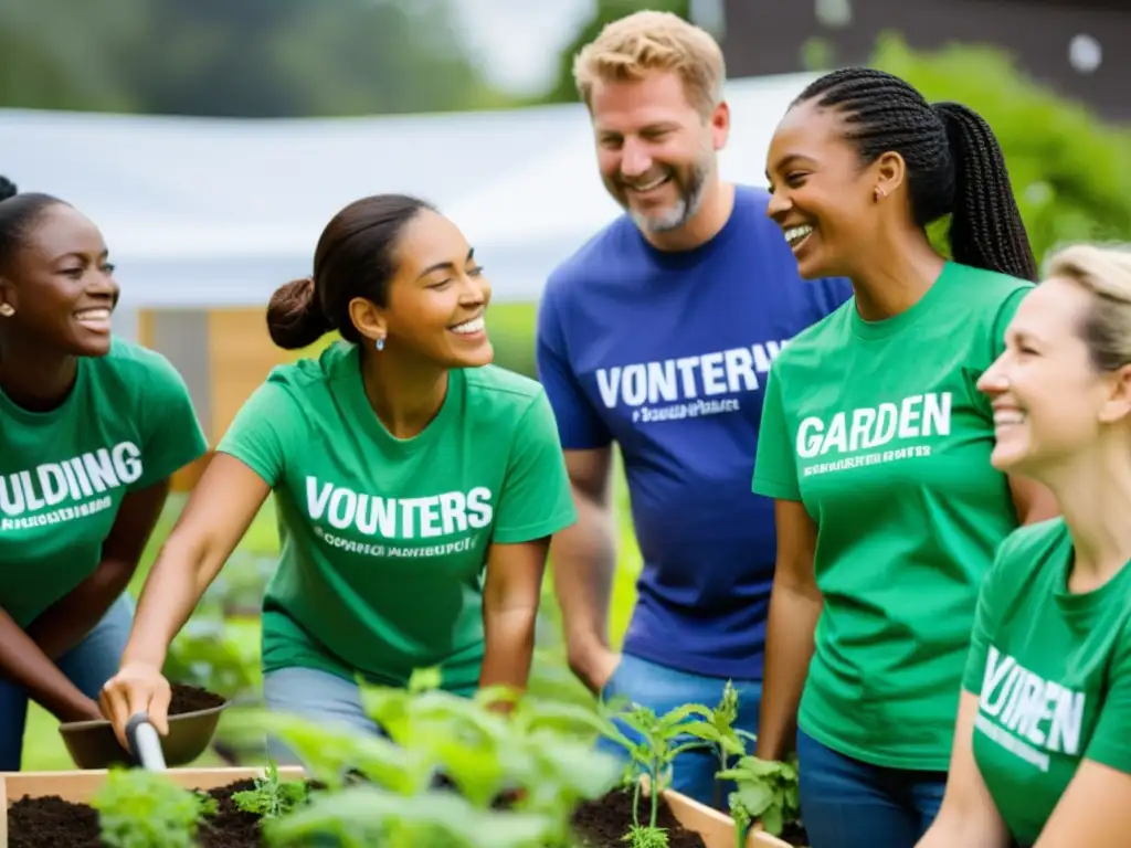 Grupo diverso de voluntarios en acción, apoyando proyecto comunitario, mostrando la propuesta de valor única ONG