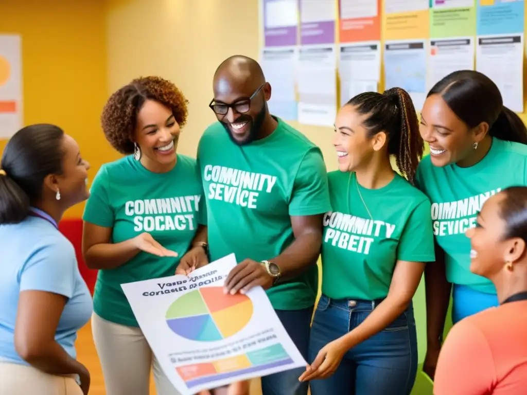 Un grupo diverso de voluntarios planificando proyectos comunitarios en un centro lleno de color y energía