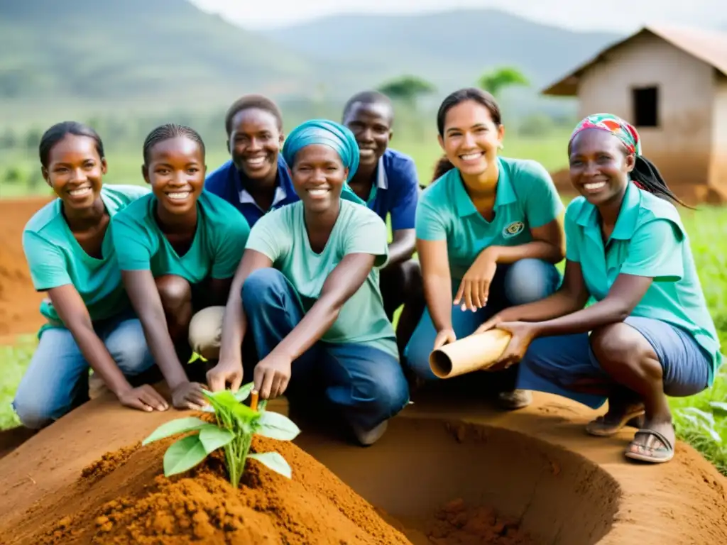 Un grupo diverso de voluntarios colabora en proyectos de desarrollo sostenible en una comunidad rural, mostrando la cooperación internacional