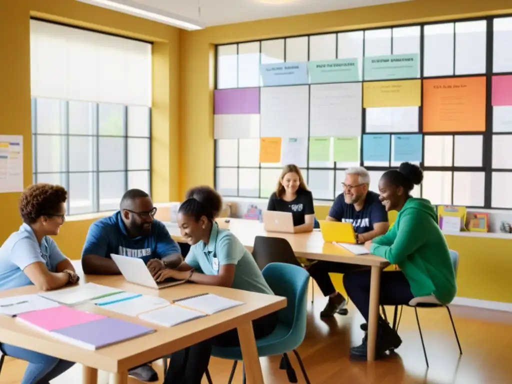 Un grupo diverso de voluntarios colabora en una sala soleada, llena de energía y trabajo en equipo en una ONG