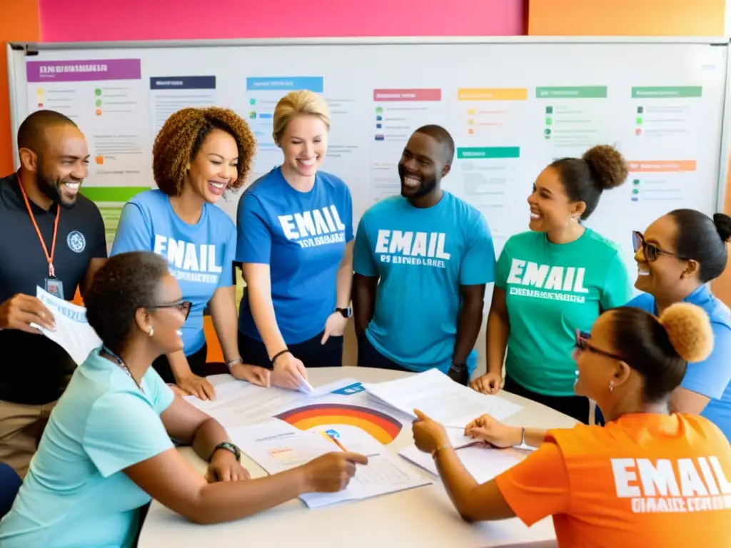 Un grupo diverso de voluntarios colabora en una sala iluminada, discutiendo estrategias de email marketing para ONGs