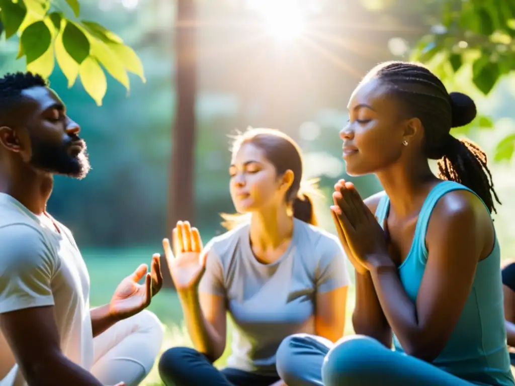 Un grupo diverso de voluntarios en una sesión de meditación al aire libre