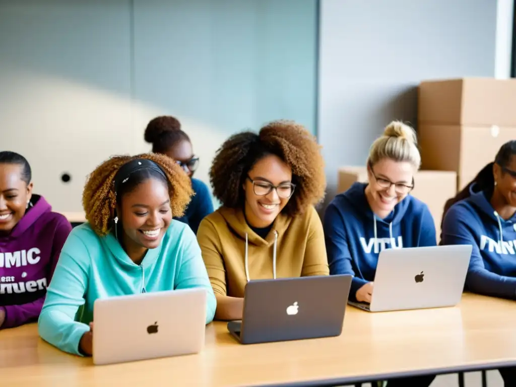 Un grupo diverso de voluntarios participa en una sesión de aprendizaje virtual en la sede de una organización sin fines de lucro