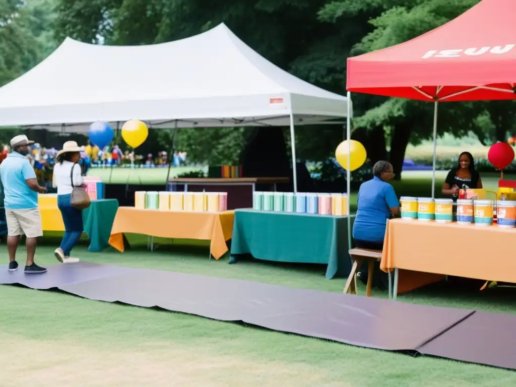 Un grupo diverso de voluntarios y simpatizantes se reúne en un parque soleado para organizar coloridas carpas y pancartas para un evento de recaudación de fondos para ONGs