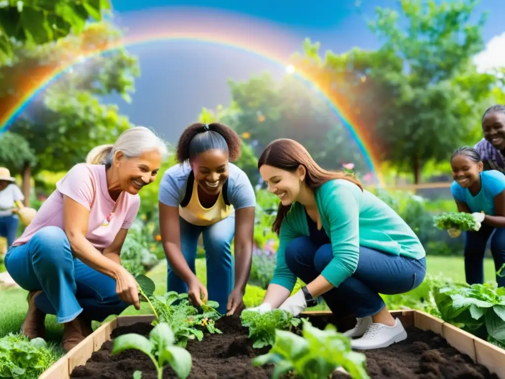 Un grupo diverso de voluntarios trabaja sonriente en un huerto comunitario, simbolizando la importancia de la diversidad en el voluntariado y las ONG