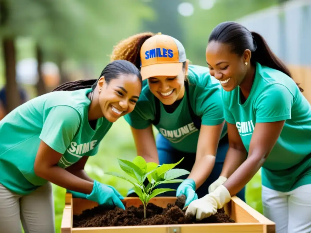 Grupo diverso de voluntarios sonrientes trabajando juntos en proyecto comunitario, evocando sentido de comunidad y impacto positivo