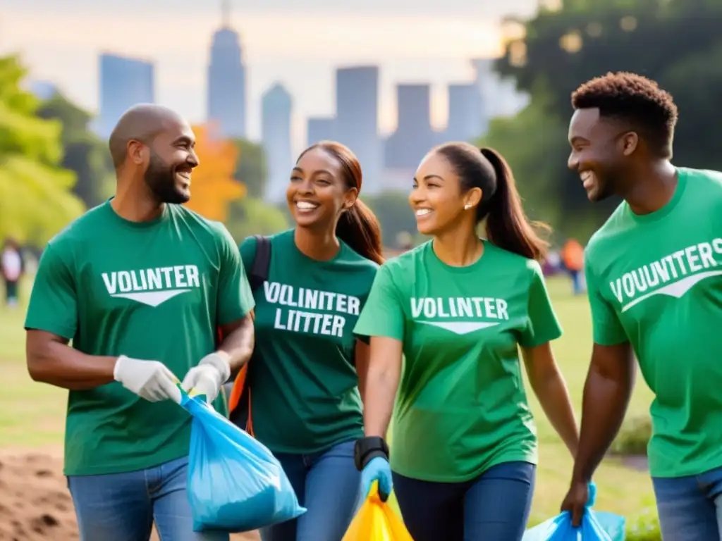 Un grupo diverso de voluntarios sonrientes, visten camisetas con logotipos y limpian un parque urbano vibrante