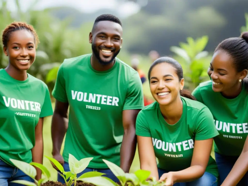 Un grupo diverso de voluntarios sonrientes y comprometidos realizando actividades comunitarias, transmitiendo unidad y propósito