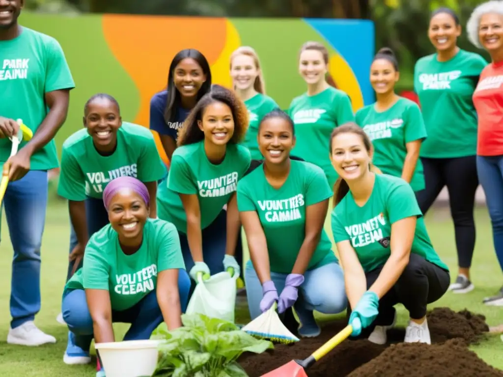 Un grupo diverso de voluntarios sonrientes limpia un parque, creando un impacto positivo