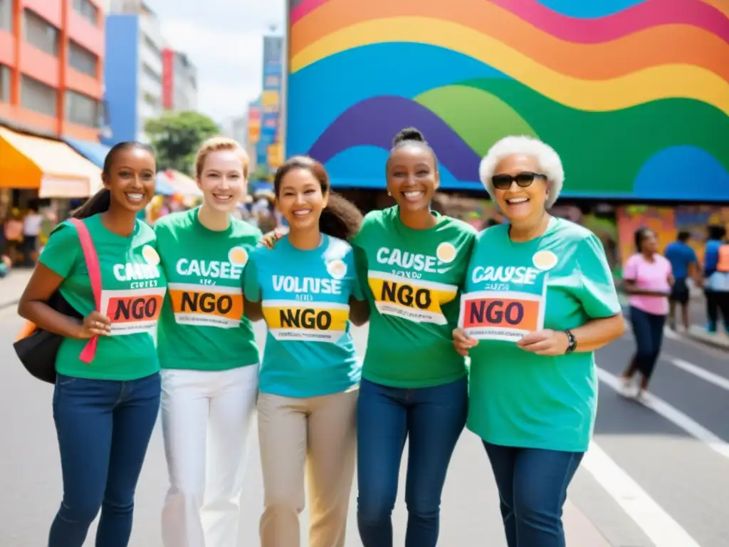 Un grupo diverso de voluntarios sonrientes promueve la importancia de redes sociales para ONG en una bulliciosa ciudad