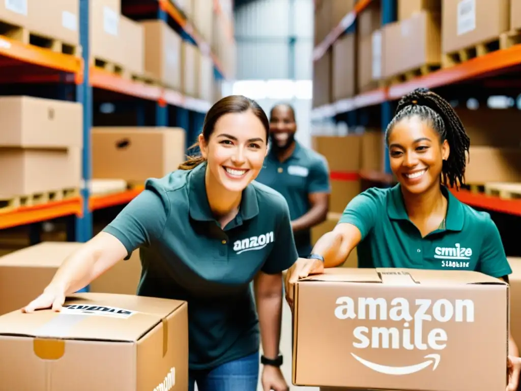 Un grupo diverso de voluntarios sonrientes empacando cajas con suministros en un almacén, con el logo de Amazon Smile visible en las cajas