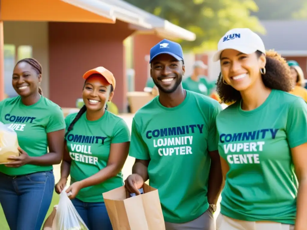 Un grupo diverso de voluntarios sonrientes interactúa con la comunidad en un centro, creando un ambiente cálido y vibrante