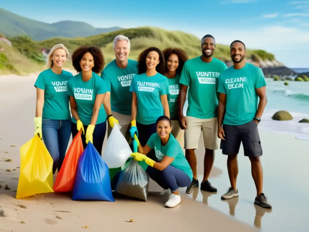 Un grupo diverso de voluntarios sonrientes limpia la playa, promoviendo estrategias de contenido digital para ONGs