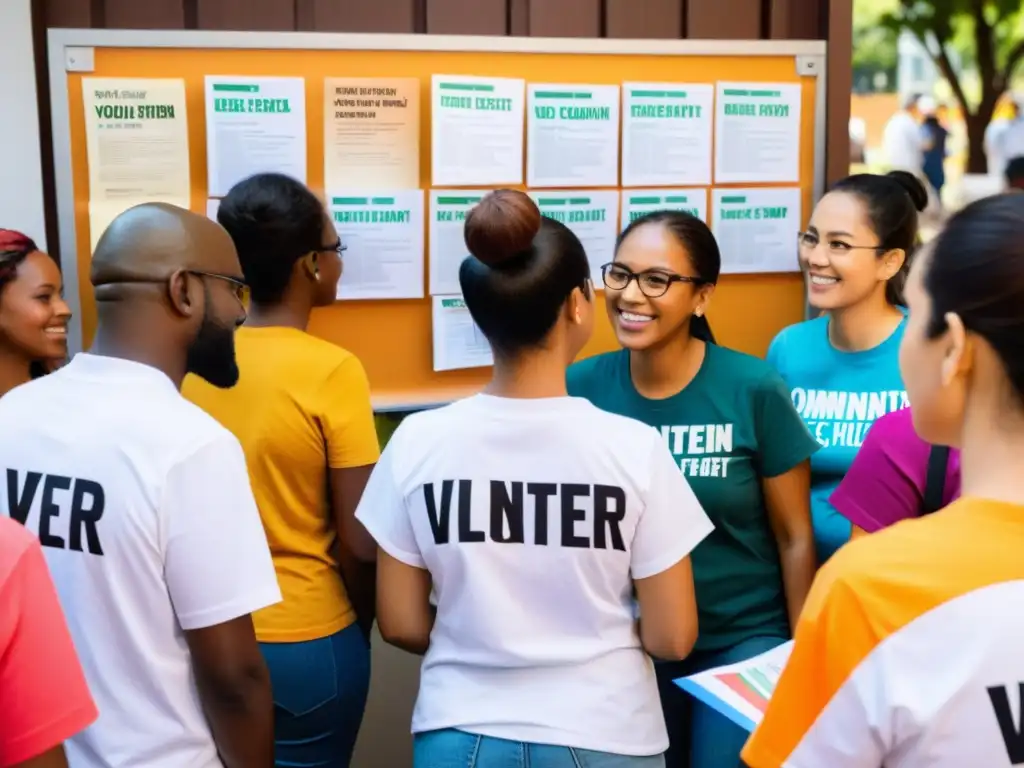 Grupo diverso de voluntarios se reúnen alrededor de un tablero comunitario lleno de información, en un centro animado