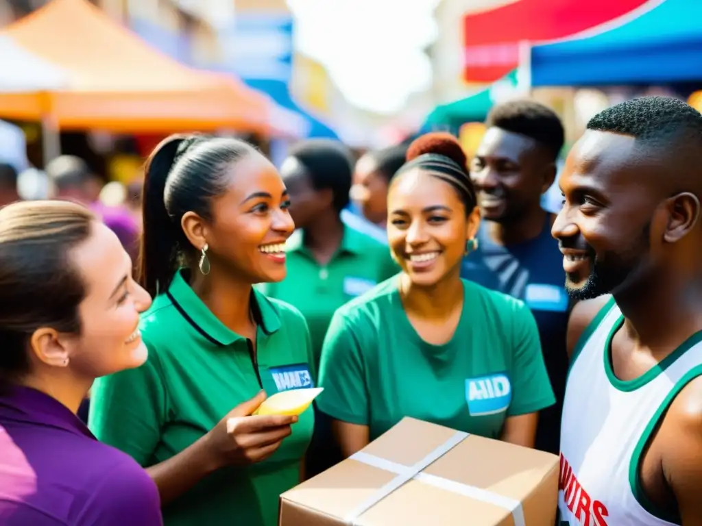 Un grupo diverso de voluntarios y trabajadores distribuye suministros en un mercado bullicioso, mostrando empatía y determinación