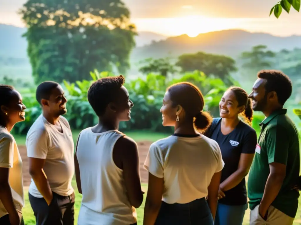 Un grupo diverso de voluntarios y trabajadores de ONGs comparten experiencias en un centro comunitario al atardecer