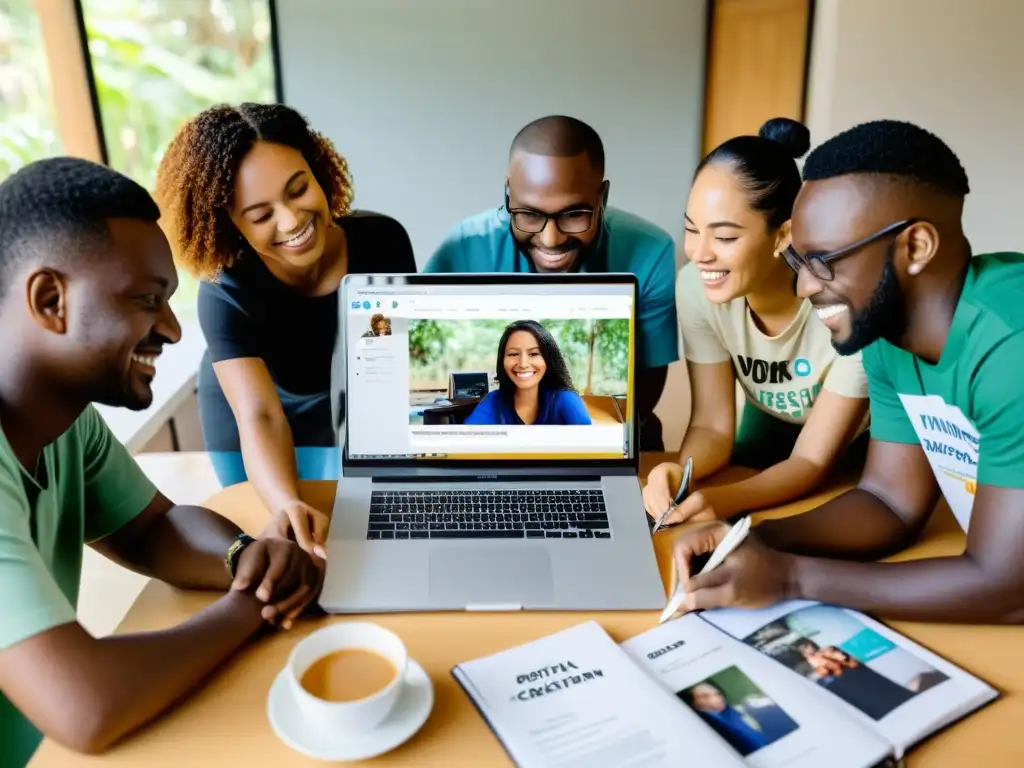 Un grupo diverso de voluntarios y trabajadores de ONG colaborando en un proyecto de creación de contenido digital