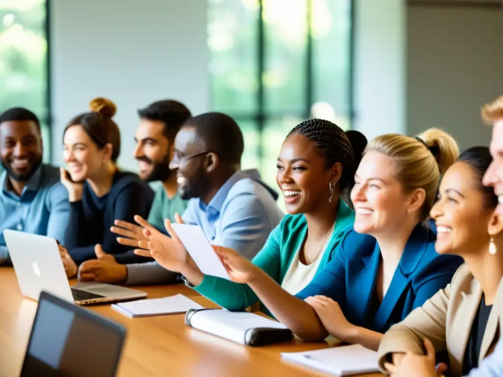 Un grupo diverso de voluntarios y trabajadores de ONG discuten estrategias de comunicación digital