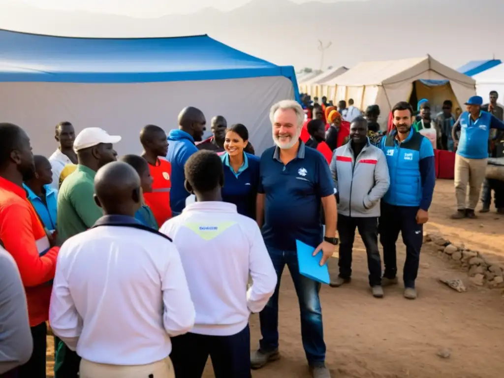 Un grupo diverso de voluntarios y trabajadores de ONGs brindan ayuda en un campamento de refugiados, demostrando la dedicación de las organizaciones humanitarias con el apoyo de la Inteligencia Artificial en ONGs