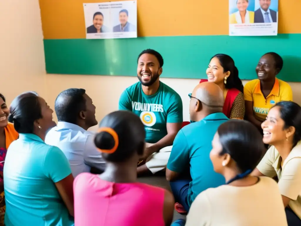 Un grupo diverso de voluntarios y trabajadores de ONGs discuten sobre la medición del impacto de su capacitación en un centro comunitario