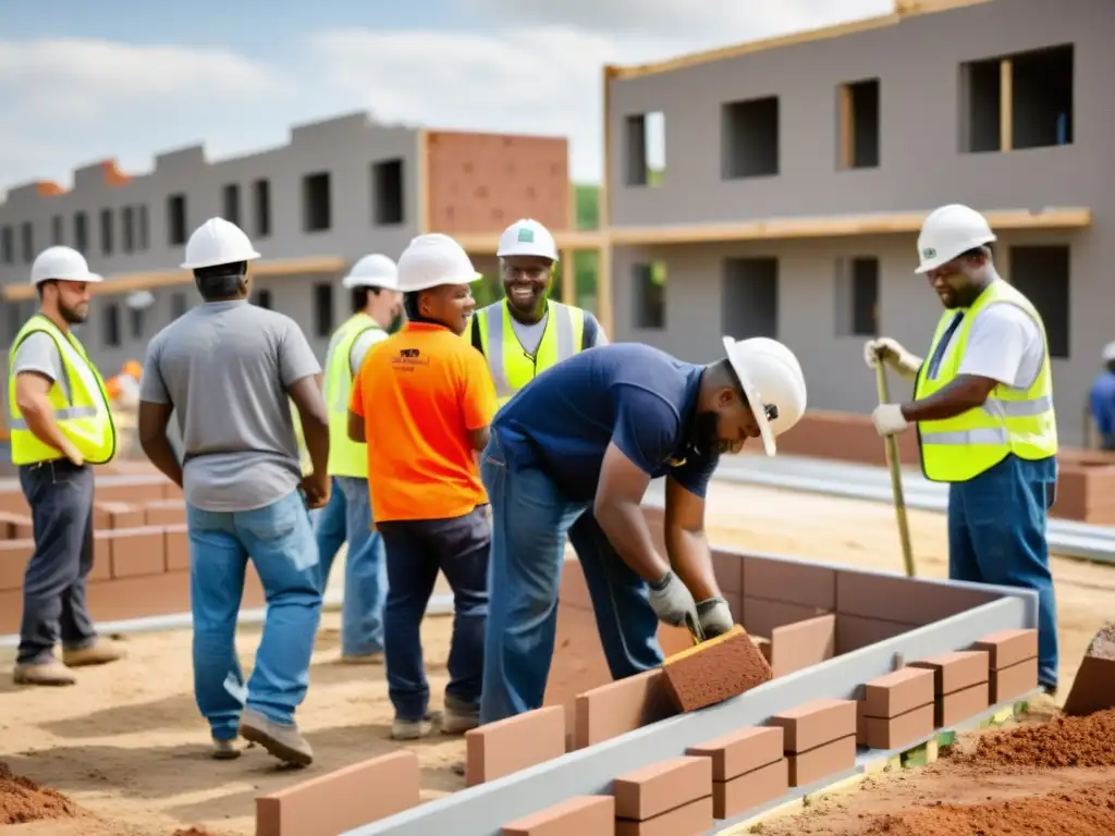 Un grupo diverso de voluntarios y trabajadores construyendo viviendas asequibles para ONGs, fomentando la comunidad y el progreso