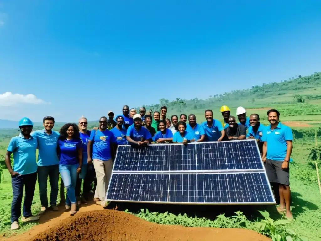 Grupo diverso de voluntarios y trabajadores construyendo infraestructura sostenible en una comunidad rural, rodeados de naturaleza exuberante y cielos azules