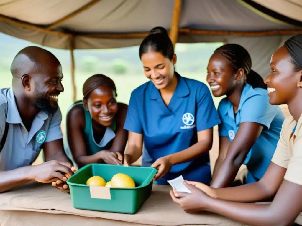 Grupo diverso de voluntarios y trabajadores de ONG colaborando en proyecto humanitario en entorno rural, reflejando la ética en la reputación ONGs