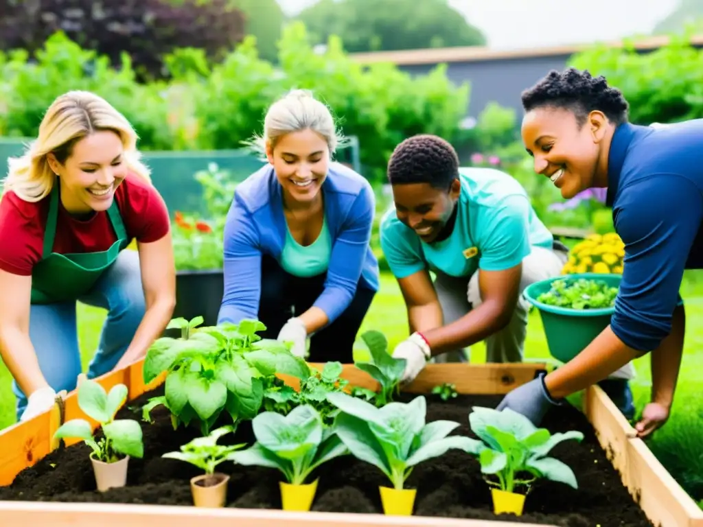 Un grupo diverso de voluntarios trabaja unido en un jardín comunitario, mostrando inclusión y equidad en voluntariado