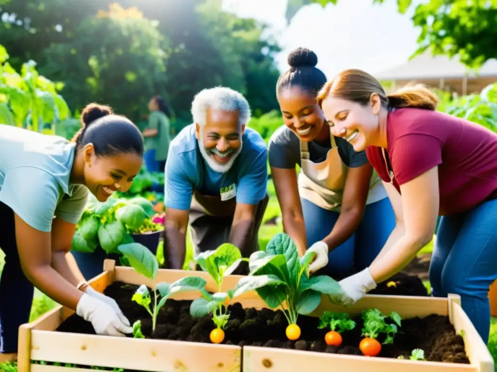 Un grupo diverso de voluntarios trabaja unido en un jardín comunitario, integrando minorías en proyectos sociales con alegría y colaboración