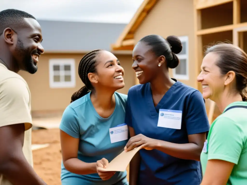 Un grupo diverso de voluntarios trabaja unido para ayudar a una comunidad necesitada, mostrando empatía y compasión