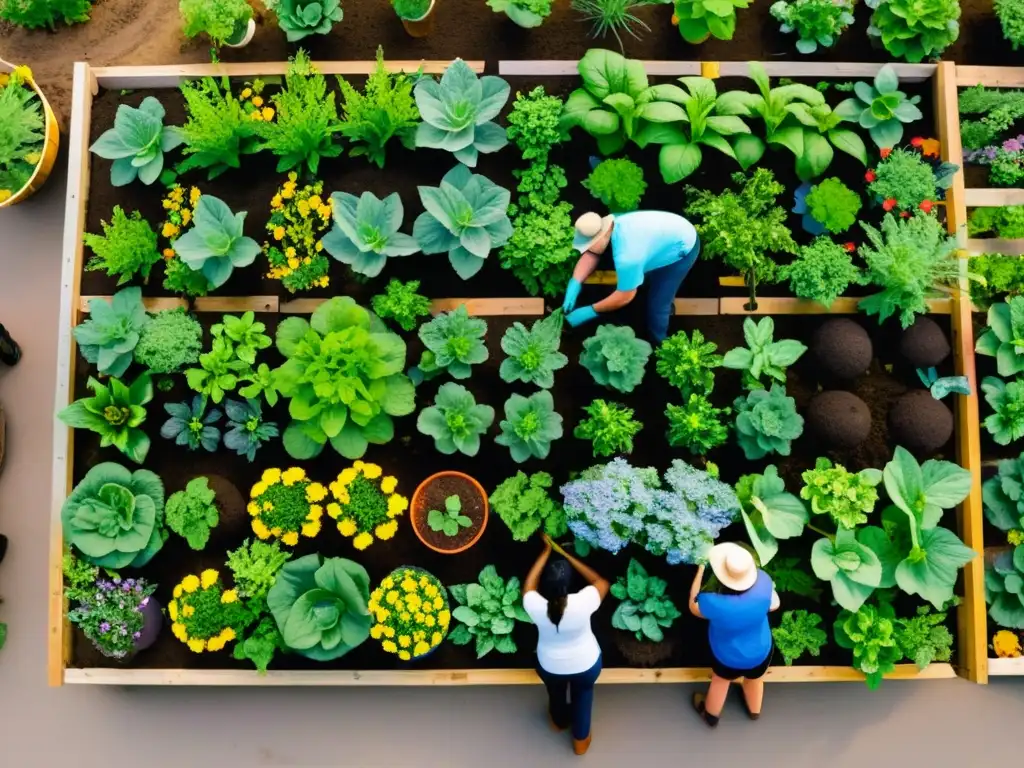 Un grupo diverso de voluntarios trabaja unidos para construir un jardín comunitario sostenible