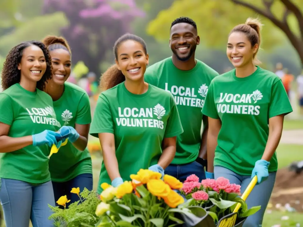 Grupo diverso de voluntarios unidos en la limpieza de un parque, fomentando la integración de voluntarios en ONGs con alegría y trabajo en equipo