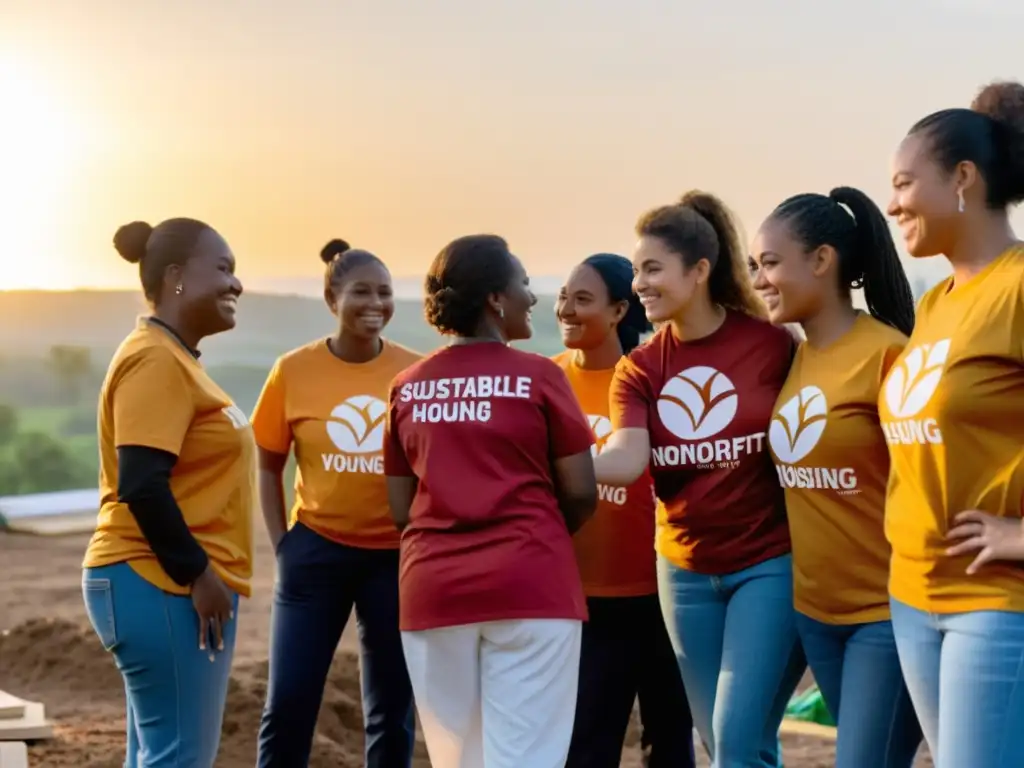 Un grupo diverso de voluntarios construye viviendas sostenibles para una comunidad necesitada al atardecer