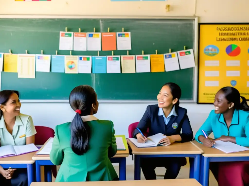 Un grupo de educadores apasionados de una ONG interactúa con estudiantes en un aula llena de materiales educativos vibrantes, enriqueciendo así el posicionamiento de la ONG en contenidos educativos