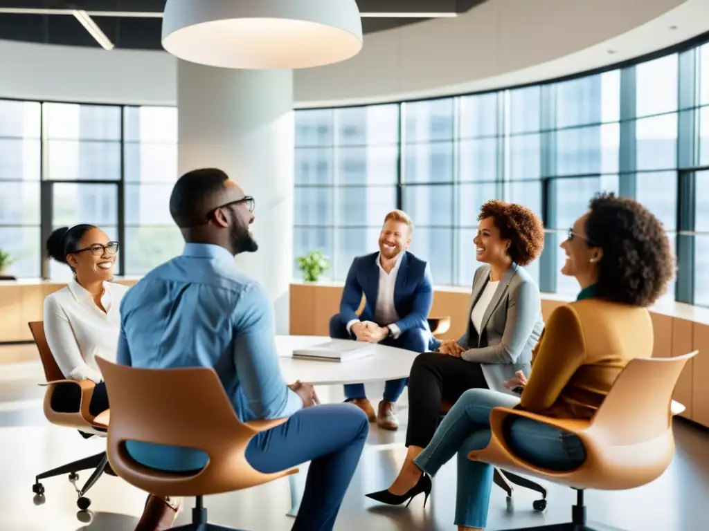 Un grupo de empleados diversos participan en una animada discusión en una oficina moderna y luminosa, mostrando empatía y escucha activa