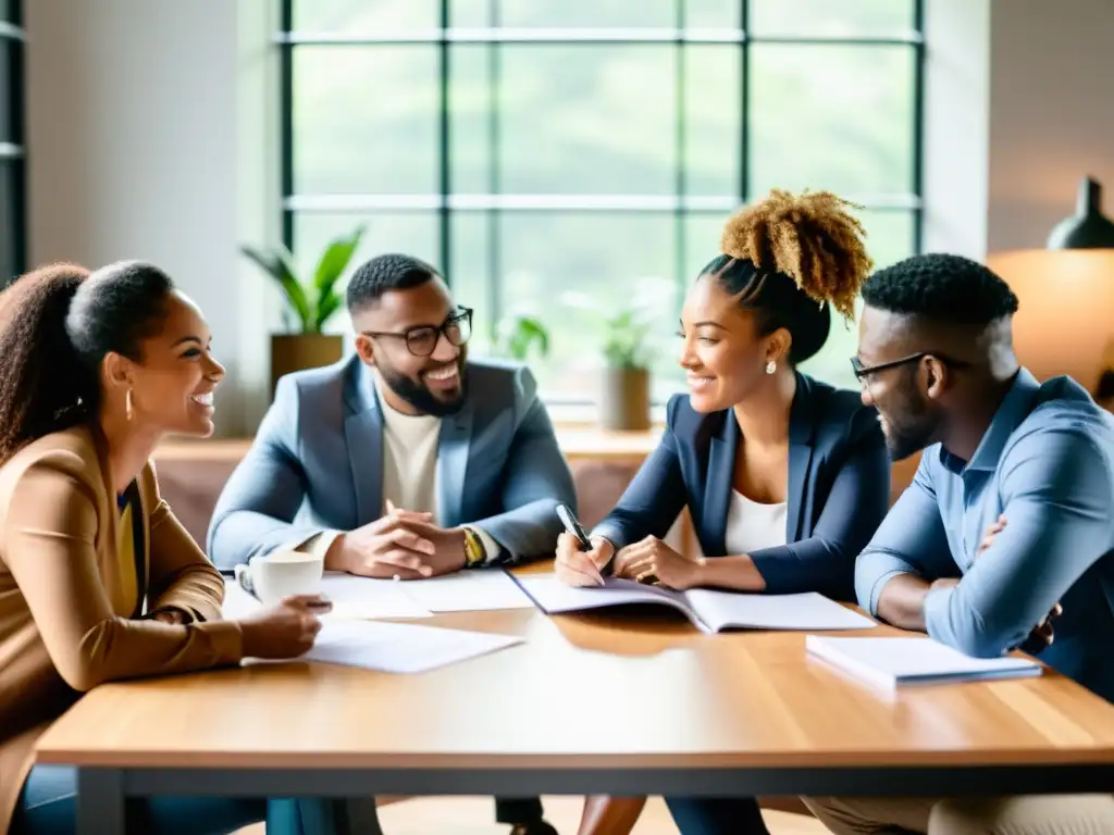 Un grupo de emprendedores diversos discuten con pasión ideas para sus negocios de impacto social