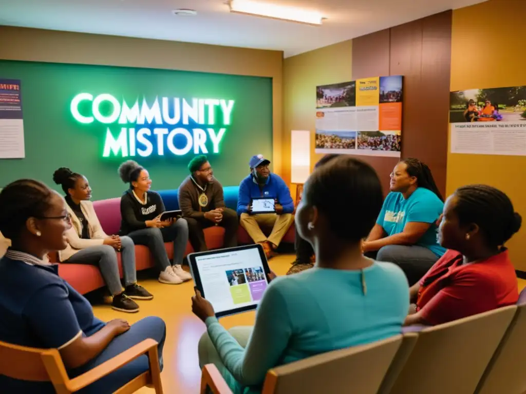 Grupo escucha entusiasmado historia digital en centro comunitario iluminado