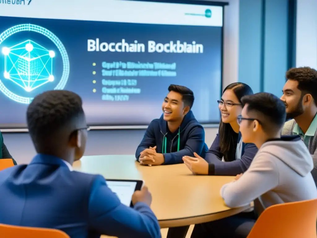 Grupo de estudiantes entusiasmados discuten sobre Blockchain en educación para ONGs, rodeados de innovación y colaboración