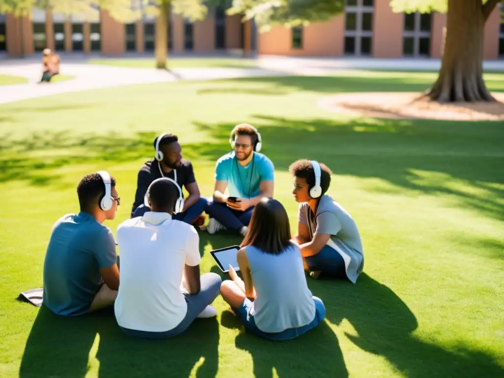 Grupo de estudiantes diversos escuchando un podcast educativo al aire libre