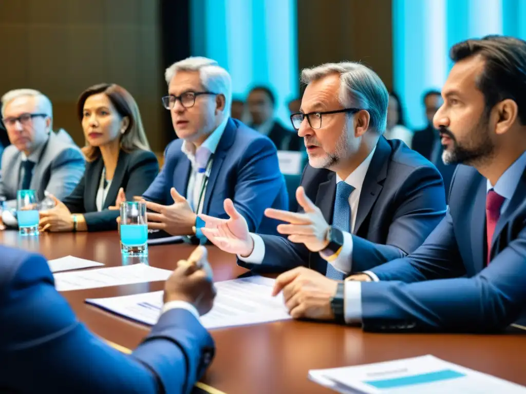 Grupo de expertos financieros de diferentes países en una intensa discusión sobre regulaciones financieras internacionales para ONGs en una conferencia