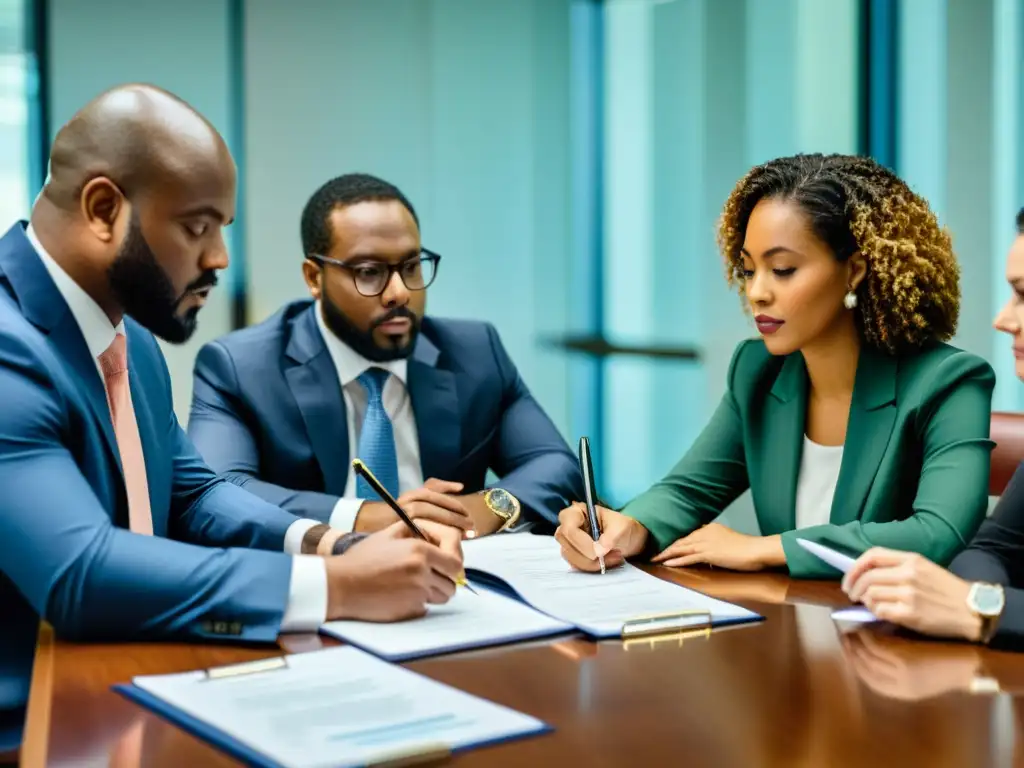 Grupo de expertos legales revisando documentos y discutiendo los procedimientos para elegir nombre de ONG