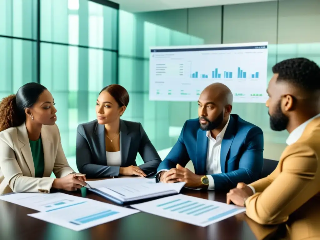 Grupo de gestores financieros de ONGs analizando estrategias de gestión de riesgos financieros en un ambiente cálido y colaborativo
