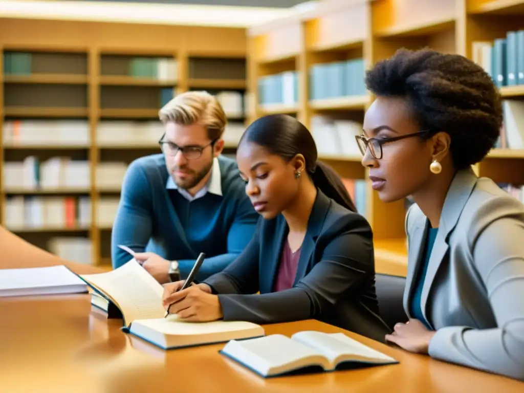 Un grupo de investigadores en una biblioteca moderna, discutiendo y tomando notas mientras buscan referencias