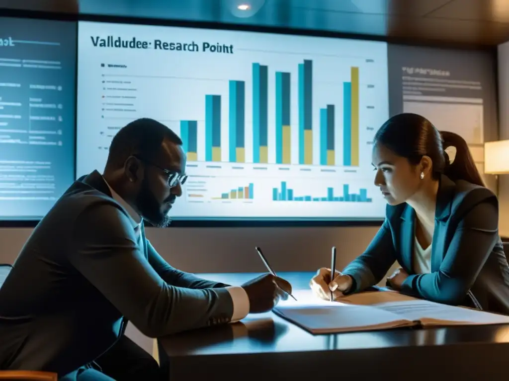 Un grupo de investigadores en una habitación tenue, revisando documentos y gráficos