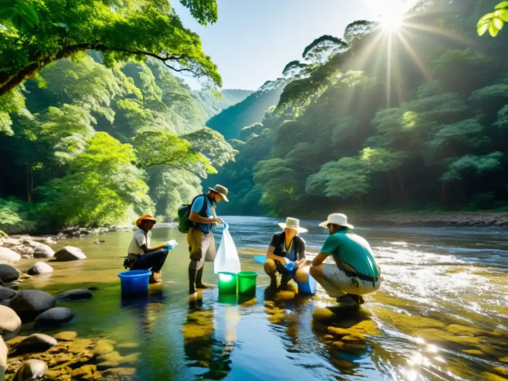 Un grupo de investigadores recolectando muestras de agua en un río, con un exuberante bosque de fondo